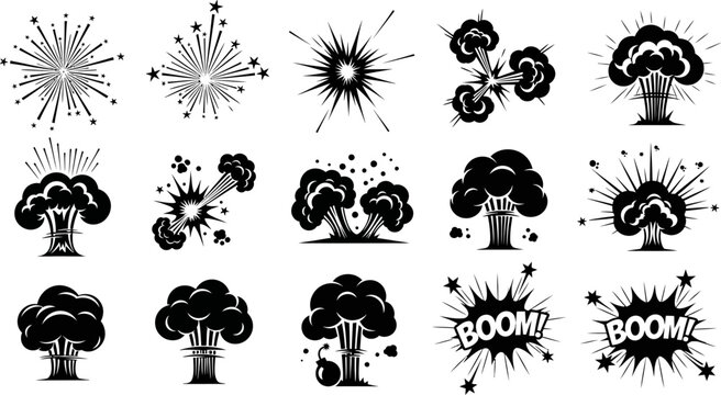 collection of black explosion and boom comic icons on white background