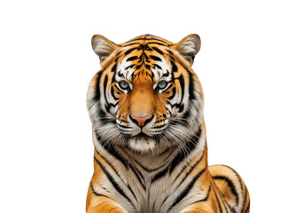 Obraz premium A tiger with orange and black stripes looks straight ahead isolated on transparent background