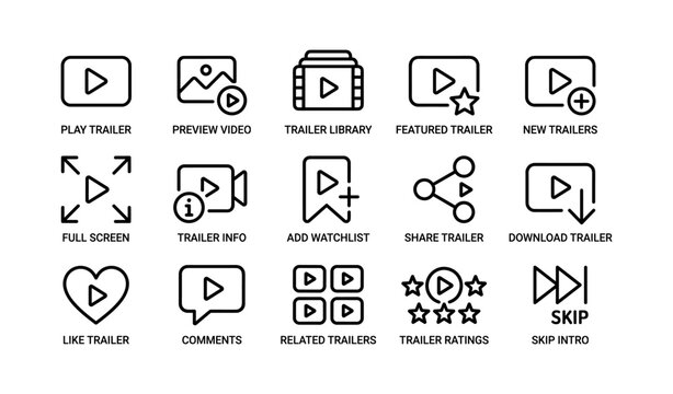 Set of video icons: play, preview, share, download, like, comment, watchlist options