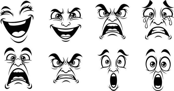 Collection of various cartoon faces with different emotions on white background