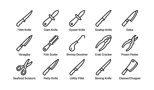 Collection of culinary tools for seafood preparation and filleting