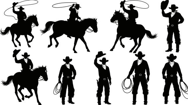 Set of cowboy silhouettes riding horse or standing holding lasso or tipping hat isolated on white background