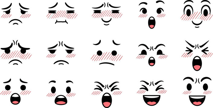 Collection of various cartoon faces with different emotions and blushing cheeks on white background