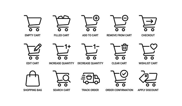 Shopping cart icons for e-commerce: empty, filled, wishlist, checkout, discount