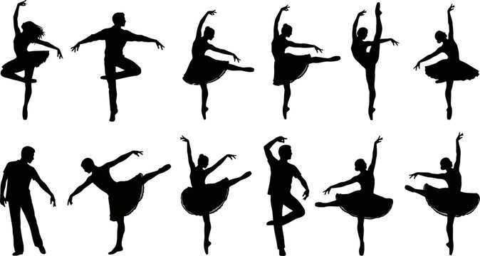 Silhouettes of ballet dancers in various poses on white background