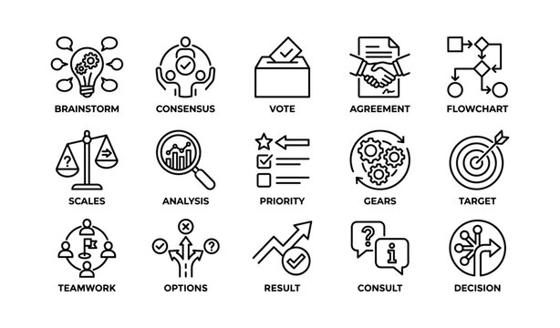 Business icon set: decision making, teamwork, analysis, and strategy symbols