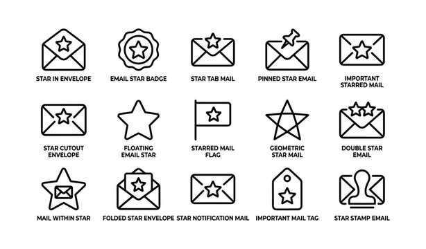 Email icons set: starred envelopes, badges, tags, and stamps