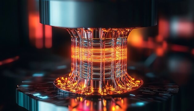 Abstract scientific reactor core glowing with intense orange energy and futuristic design