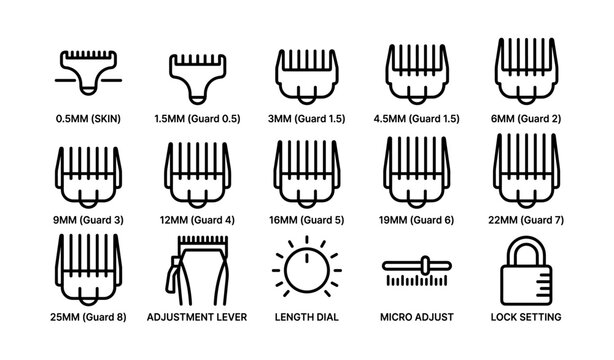 Hair clipper guard sizes and settings icons for precision haircutting