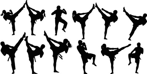 Silhouettes of people practicing various martial arts kicks and poses in different stances and movements © Badhon