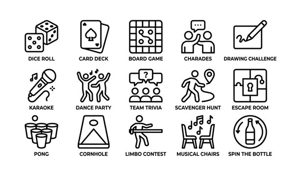 Party game icons: dice, cards, board, karaoke, trivia, scavenger hunt, escape room