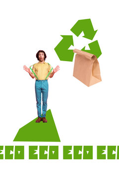 Composite photo collage trend of gentleman stand wow face paper bag recycle responsibility world conservation activist environment nature
