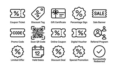 Fototapeta premium Coupon icons set: discount, gift certificate, qr code, sale promotion, voucher