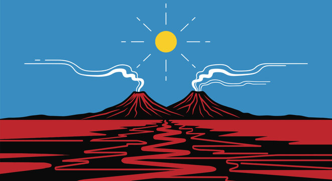 Stylized Volcanic Landscape with Smoking Twin Peaks under a Bright Sun