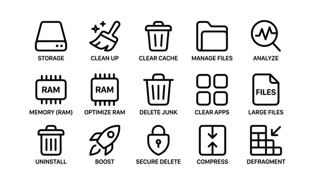 Device optimization icons: storage, cleanup, security, performance enhancements
