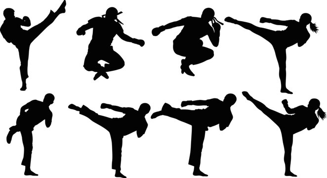 collection of silhouettes of people practicing martial arts in various kicking poses on white background