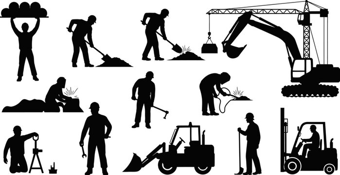 Collection of construction workers and heavy machinery silhouettes for design use