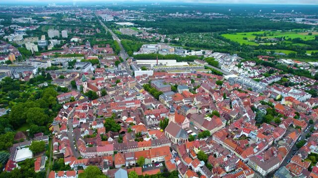 Aerial view above the old town of the city Durlach beside Karlsruhe on a cloudy noon in spring in Germany, Baden-W&uuml;rttemberg.