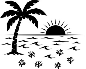 black and white tropical island scene with palm tree and coral reef at sunset