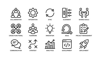 Fototapeta premium Modern business icons set showcasing collaboration and innovation in project management