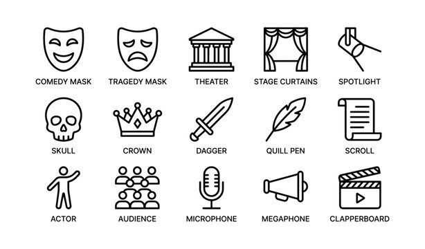 Theater symbols and icons featuring comedy tragedy masks spotlight and stage elements