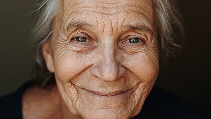 Smiling senior woman showing facial wrinkles and gray hair pulled back at studio portrait, dark top