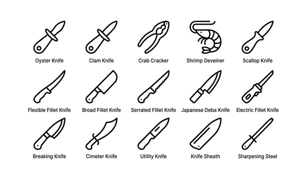 Black outline of various kitchen knives and tools for seafood and meat preparation