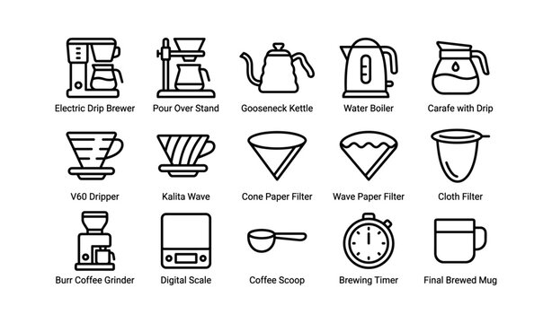 Coffee brewing equipment and accessories line art collection