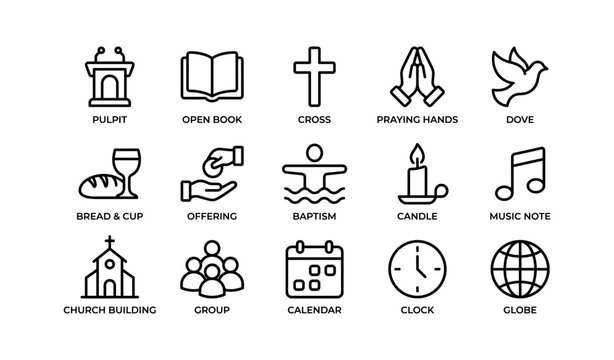 Set of christian symbols: cross, praying hands, dove, church, bible, icons