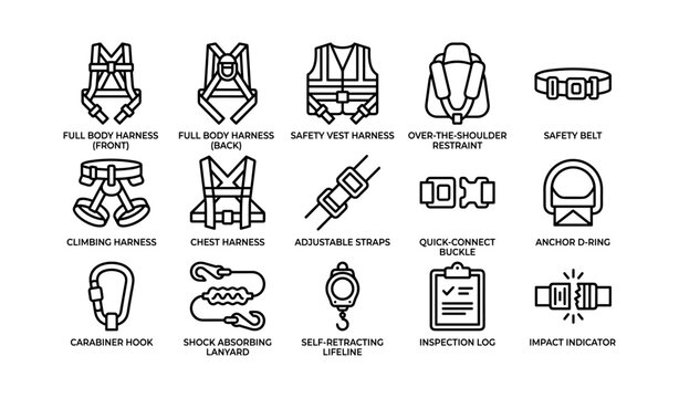 Safety harnesses and equipment icons for climbing and protection