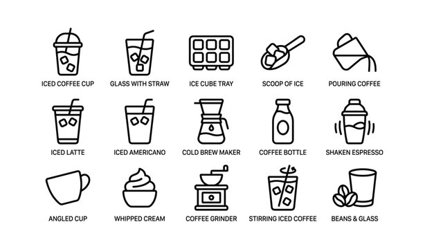 Coffee icon collection featuring cups, ice, beans, and coffee maker outlines