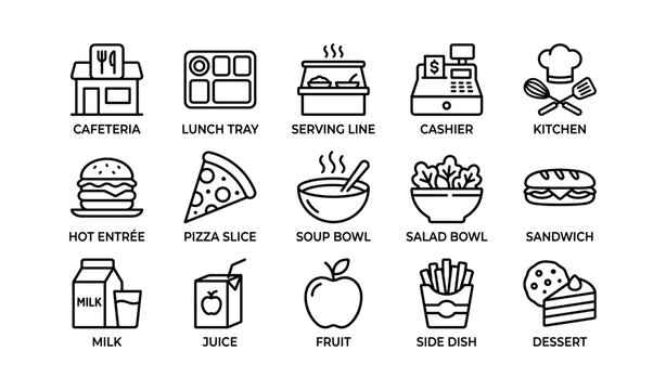 Cafeteria icons: food items, serving line, cashier, kitchen equipment