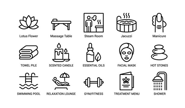 Spa symbols collection featuring massage, steam, jacuzzi, manicure, and swimming pool icons