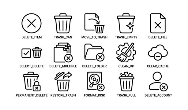 Delete and trash icons for file management and cleanup tasks
