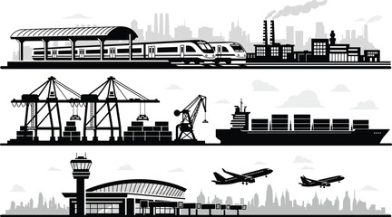 Transportation and logistics infrastructure silhouettes, train station seaport cargo ship airport airplane industrial city vector illustration
