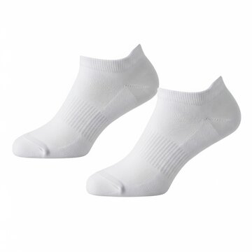 A pair of white no-show socks displayed against a white background
