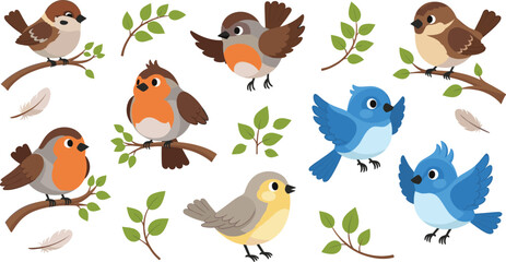 Naklejka premium Cute Birds on Branches with Leaves, Bluebirds and Sparrows for Nature, Woodland, and Children's Illustration Designs