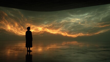 Fototapeta premium Silhouette Stand Before Dreamlike Sky; Visual Wonder and Contemplation