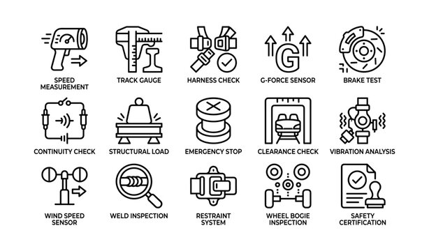 Industrial safety icons for inspection and testing: speed, force, and structural integrity