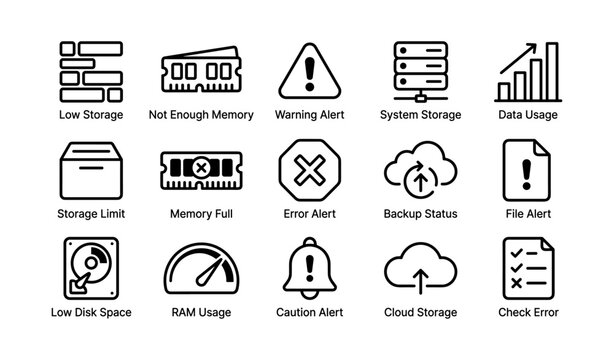 Data and storage alert icons for system management and backup