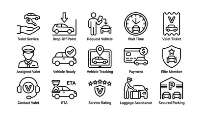Fototapeta premium Valet services icons including parking, tracking, payment, and assistance