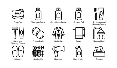 Fototapeta premium Bathroom essentials outline icons set including soap, shampoo, bathrobe, slippers, towel