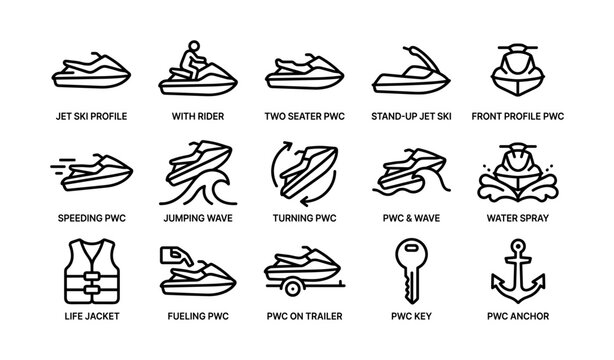 Jet ski icons: profiles, riders, waves, safety gear, accessories