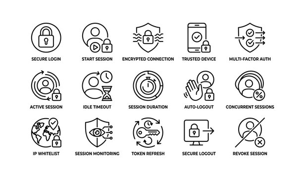 Secure login and session icons for digital authentication and cybersecurity