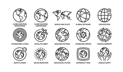 Global symbols and icons representing earth and space concepts