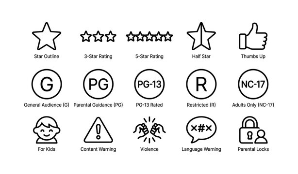 Movie rating symbols and icons including stars and warnings