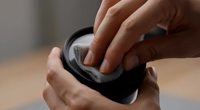 Close up view of person cleaning camera lens with a small microfiber cloth