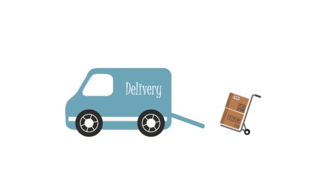 Delivery Van Animation. Delivery Van Drives down and Delivers Packs for Delivery. Blue Van, Brown Cardboard Boxes, Trolley for Transporting Goods. Video in Blue, Brown on White