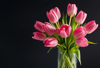 Obraz premium A vibrant bouquet of pink tulips in a clear glass vase, set against a dark backdrop, flowers, elegance