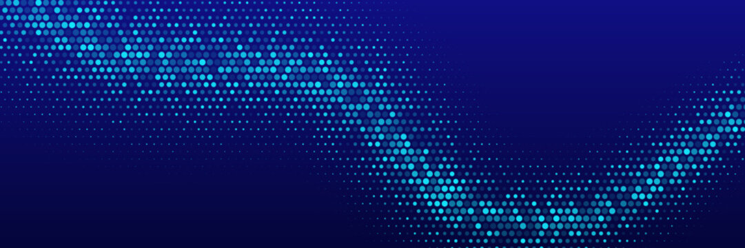 Digital data wave background. Blue dot pixel halftone wave with dynamic motion effect. Futuristic technology banner, poster, backdrop. Modern abstract technology vector illustration.